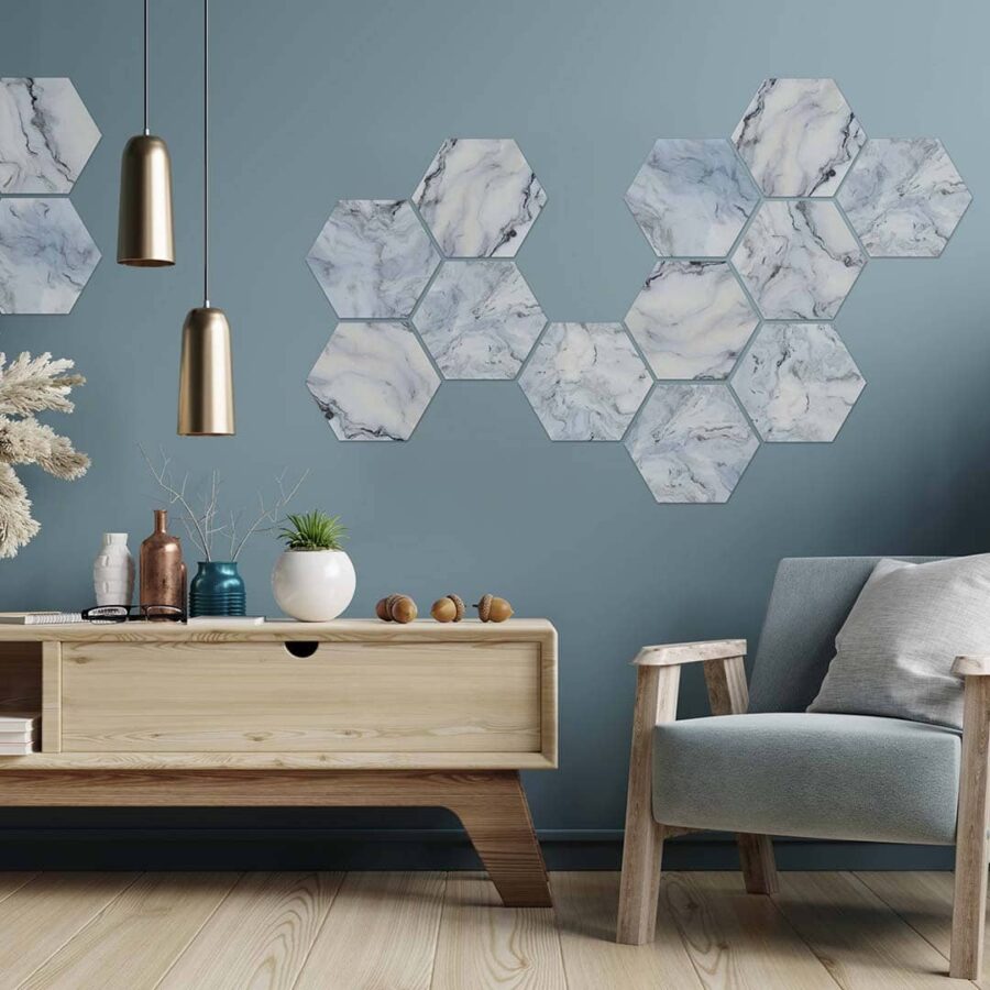 Ambiente detalle hexágonos decorativos hexa blue onice