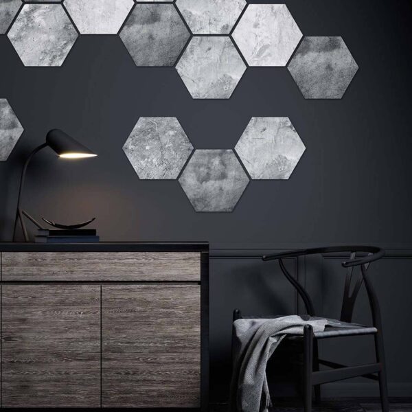 Ambiente recibidor detalle hexágonos hexa cenk grey