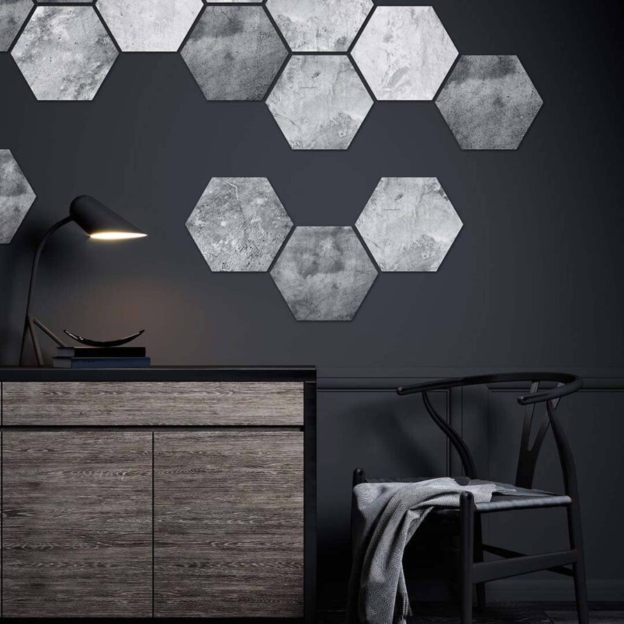 Ambiente recibidor detalle hexágonos hexa cenk grey