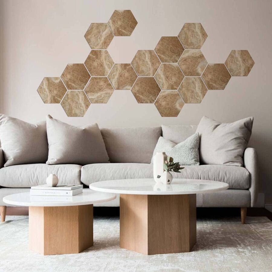 Ambiente salón hexágonos decorativos hexa tierra beige