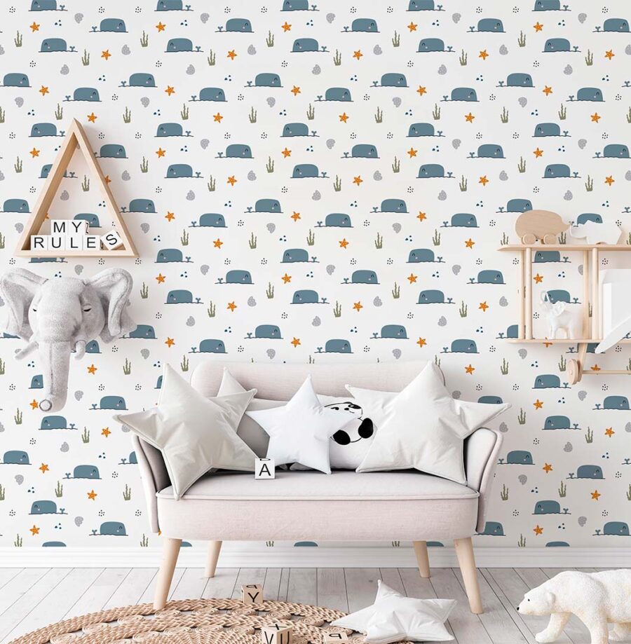 Decoración de un dormitorio infantil con el papel pintado autoadhesivo Whale